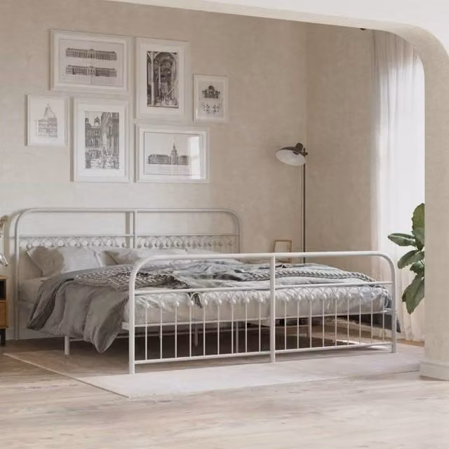 Berkfield Home Metal Bed Frame with Footboard, White, W: 193 cm, D: 203 cm – 1