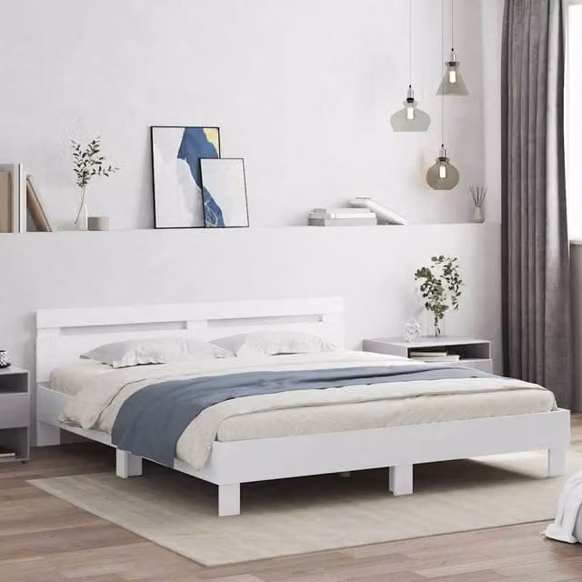 Berkfield Home Modern White Engineered Wood Bed Frame with LED Under-Bed Lighting and USB Charging Port W/D/H: 193 x 203 cm
