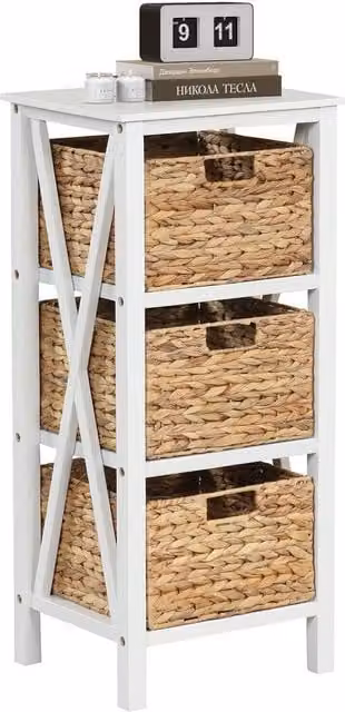 COSTWAY White Rattan and Wood Bedroom Nightstand and Sofa Side Table