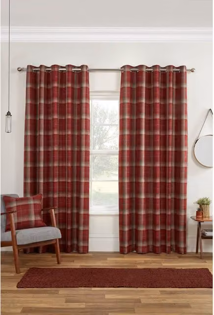 Sundour Carnoustie Red Checked Blackout Thermal Eyelet Curtains