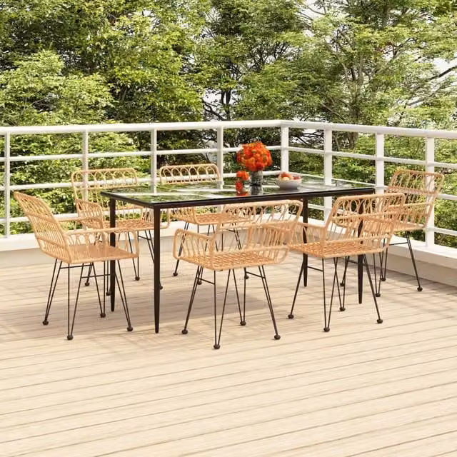 Berkfield Home 7 Piece Brown Poly Rattan Garden Dining Set with Glass Top Table – 1