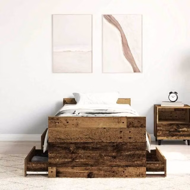 Berkfield Home Rustic Old Wood Full Bed Frame with Drawers, Brown, W/D/H: 90 x 200 x 203 cm