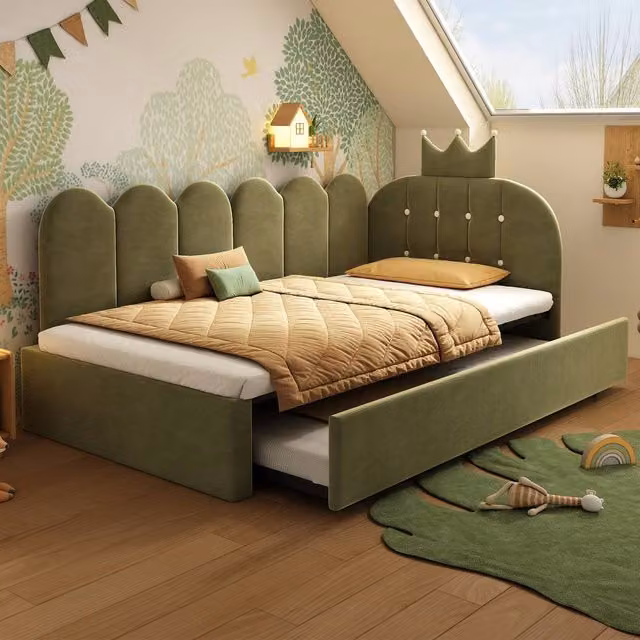 Merax Crown Upholstered Velvet Daybed with Pull Out Trundle Bed in Green, W/D/H: 90 x 190 x 130 cm
