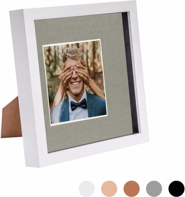 Nicola Spring Single Square 3D Box Photo Frame in White and Grey, W/H: 20.32 x 20.32 cm with 10.16 x 10.16 cm Mount