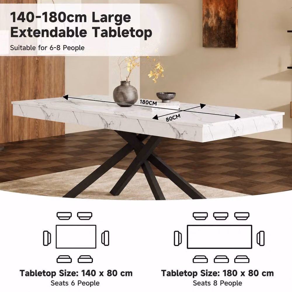Merax Rectangular Extendable Dining Table with White Marble Effect Top and Black Metal X-Frame Legs – 6