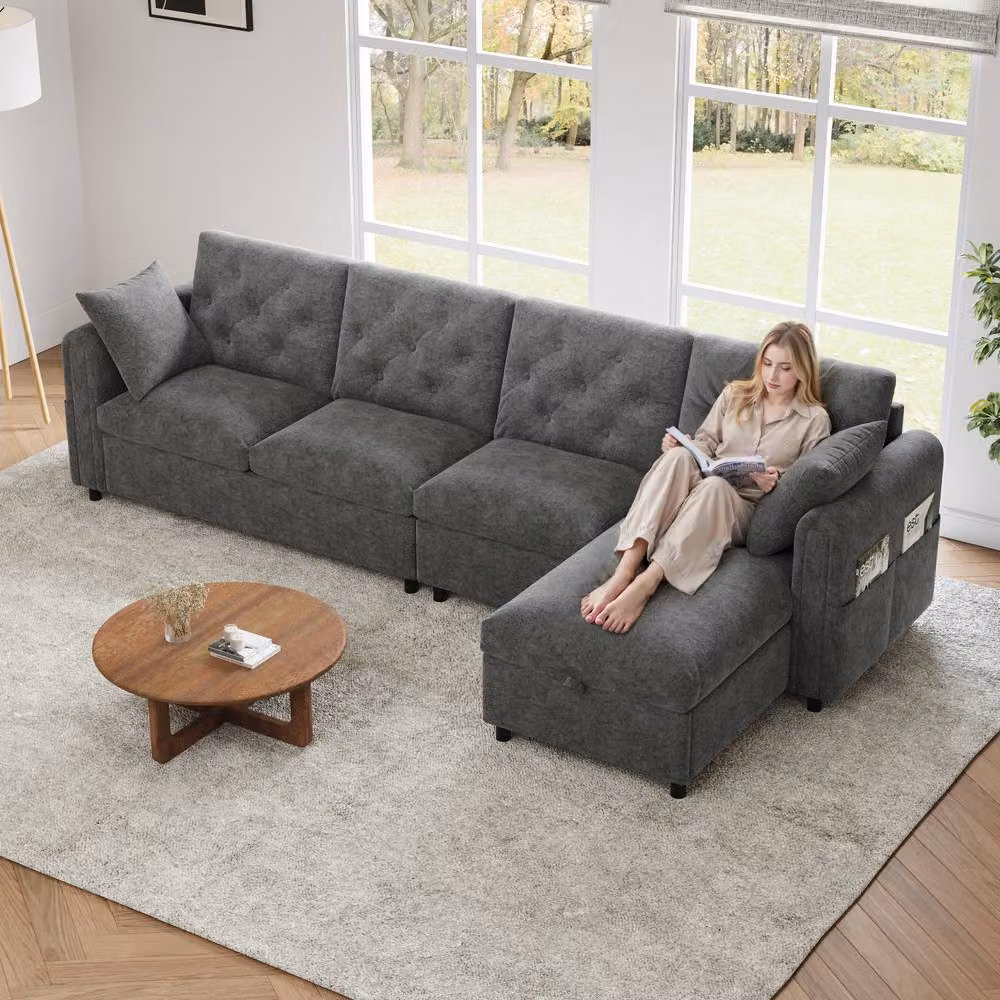 Merax Grey Velvet L-Shaped Corner Sofa Bed with Reversible Storage Chaise, W/D/H: 281 x 132 x 86 cm – 3