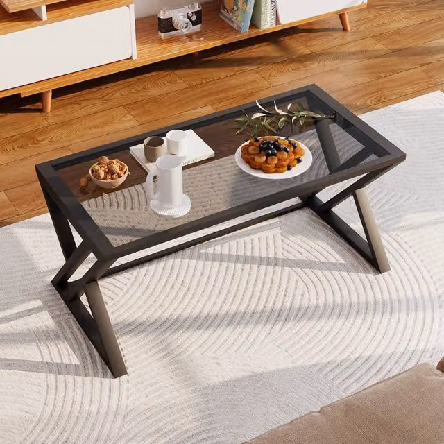 Huhote Rectangular Glass Coffee Table with Black Metal Frame in Grey