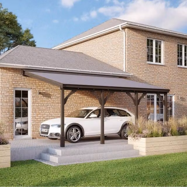 Rutland County Garden Furniture Ltd Wooden Pent Carport with Bitumen Shingle Roof in Brown and Light Green, W: 722 cm, D: 350 cm, H: 270 cm