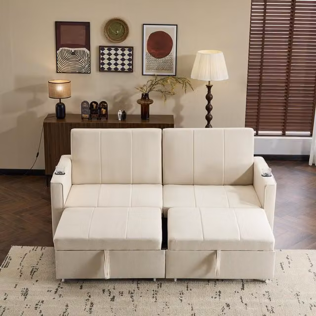 Aosom UK King-Size 3-in-1 Convertible Pull-Out Sofa Bed in Beige, 2-Seater Upholstered Couch with Adjustable Headrest and Cup Holders, W/D/H: 207 x 87 x 96 cm – 1