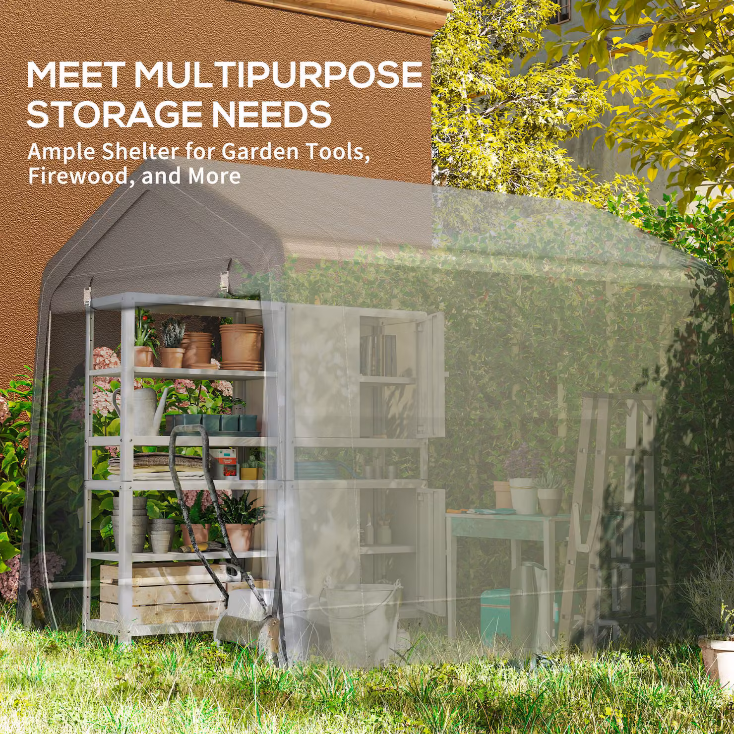 Outsunny Waterproof Outdoor Garden Storage Shed and Bike Tent with Double Roll-up Zipper Door, Dark Grey – 7