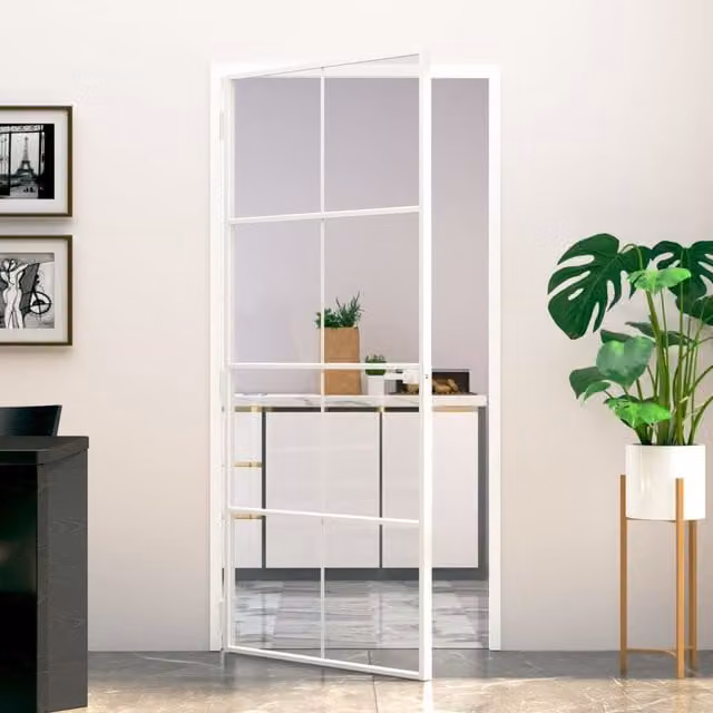 Berkfield Modern White Interior Door with Tempered Glass and Aluminium, W: 93 cm, H: 201.5 cm