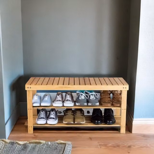 Rafaelo Mobilia 2 Tier Bamboo Shoe Storage Bench in Brown, W/D/H: 60 x 27 x 42 cm
