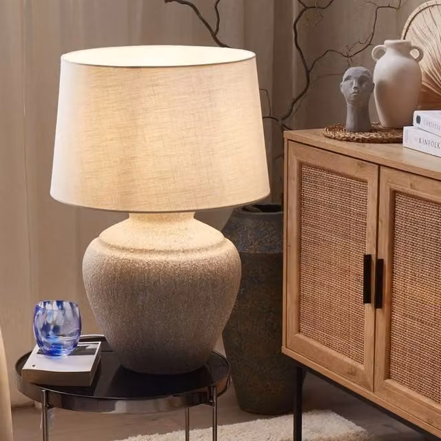 Wyld and Coco Beige Ceramic Table Lamp with Fabric Shade