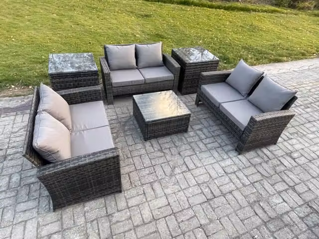Fimous 6 Piece Outdoor Lounge Sofa Set in Dark Grey PE Rattan with Square Coffee Table, Double Seat Sofa and 2 Side Tables