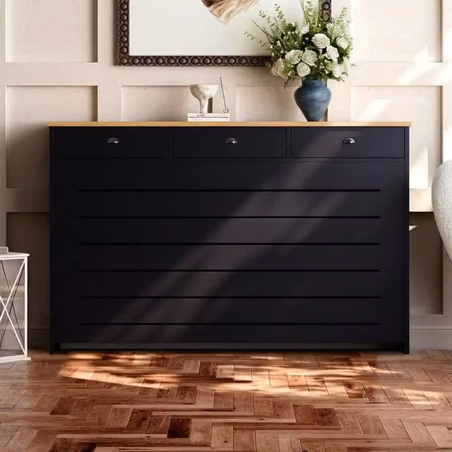Temprazo Black Lacquered MDF Radiator Cover with Drawers W: 150 cm, H: 111.5 cm