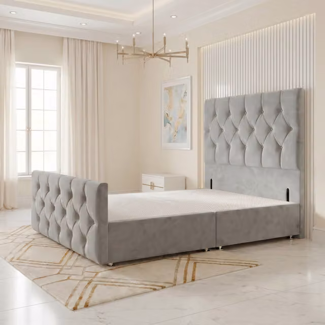 Somnior Beds Ltd Chesterfield Velvet Divan Bed Base with Floor Standing Headboard and Footboard in Silver Grey Single