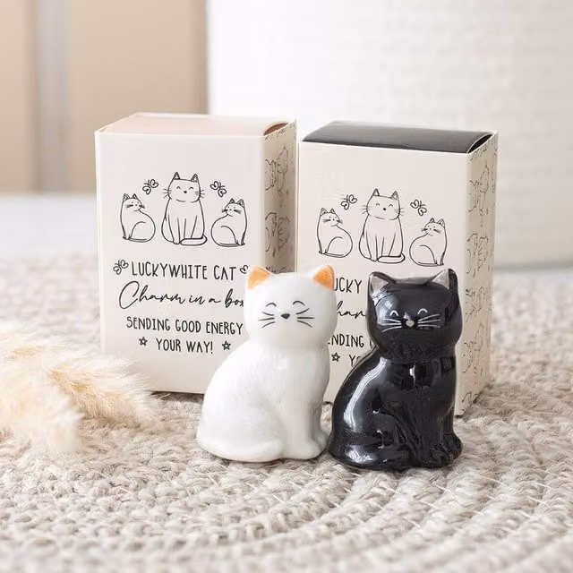 Uniqueful Set of 24 Ceramic Lucky Cat Charms in White, Black and Multicolour