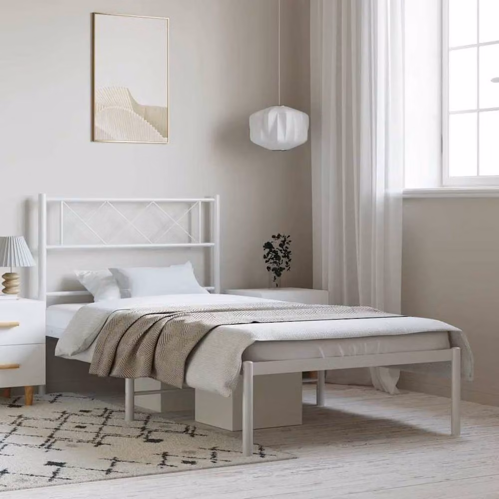 Berkfield Home Metal Bed Frame with Headboard in White, W/D/H: 100 x 190 cm – 2