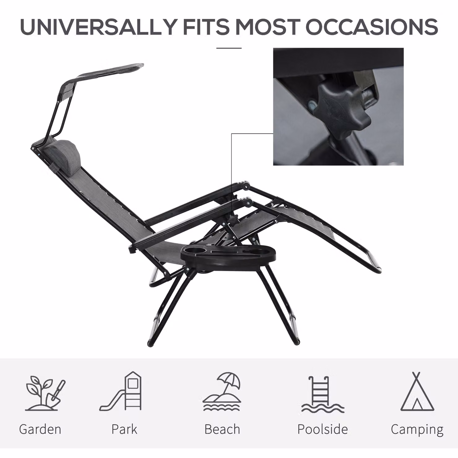 Outsunny Zero Gravity Garden Deck Folding Chair Sun Lounger with Canopy, Cup Holder and Adjustable Headrest, Grey – 6