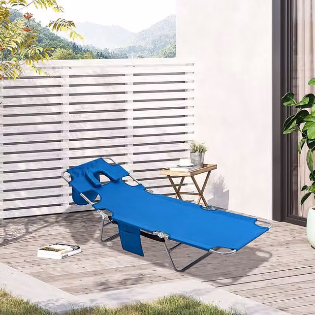 Outsunny Blue Foldable Beach Chaise Lounge with Adjustable Headrest and Textilene Fabric – 7