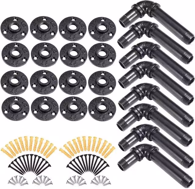 VOGREX 8-Piece Industrial Pipe Floating Shelf Brackets in Matt Black
