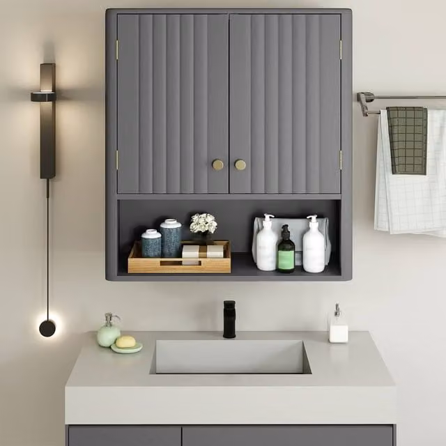 Costway Modern Fluted Double Door Bathroom Wall Cabinet in Grey Matt