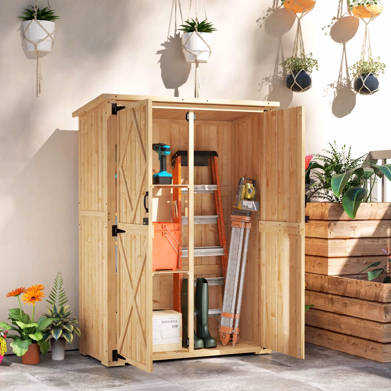 Outsunny Brown Wooden Garden Storage Shed with Double Doors and Internal Shelving, W/D/H: 108.0 x 54.0 x 167.0 cm – 2