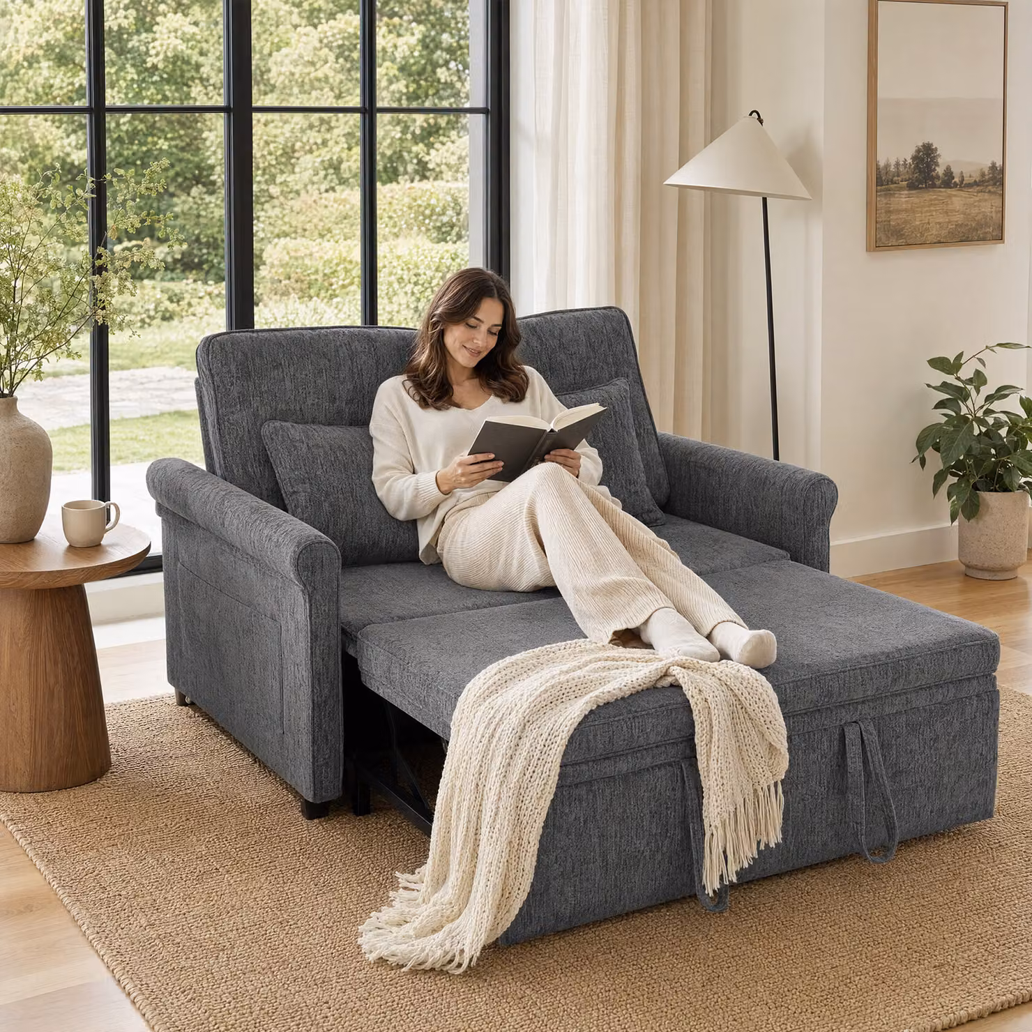 HOMCOM 2 Seater Convertible Chenille Sofa Bed in Grey with 5-Position Adjustable Backrest and Pull Out Sleeper Function, 140 x 190 cm – 9