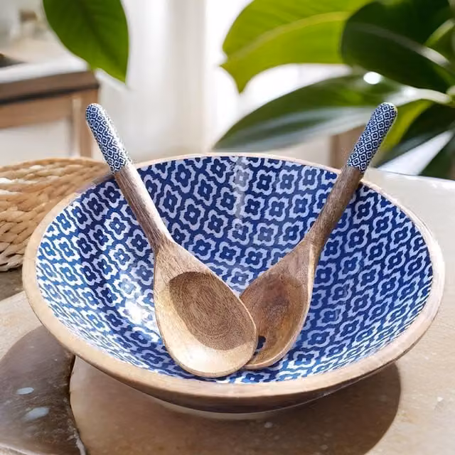 Hartsmede Sambhal Mango Wood Salad Serving Bowl with Spoons, Blue and Brown – 1