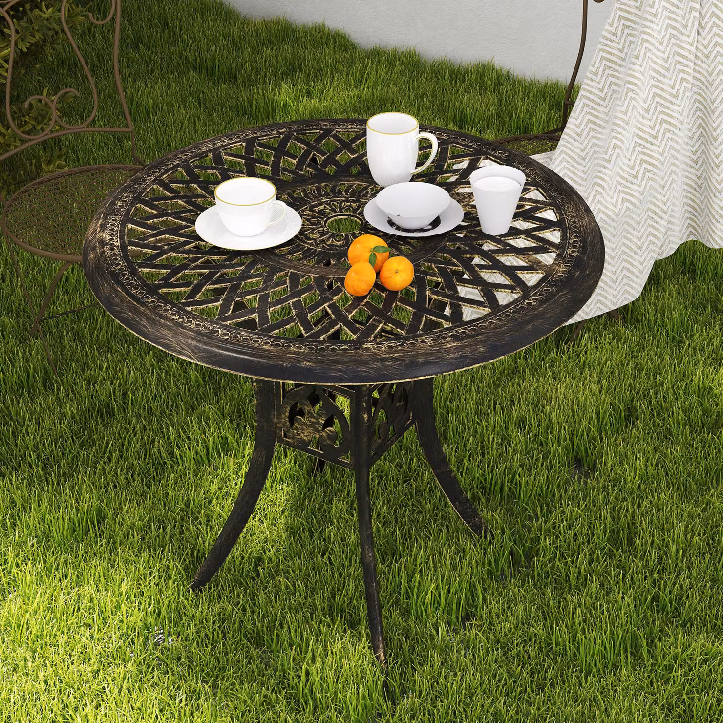 Outsunny Antique Cast Aluminium Round Garden Dining Table with Parasol Hole, Bronze Tone, Diameter: 78 cm – 7