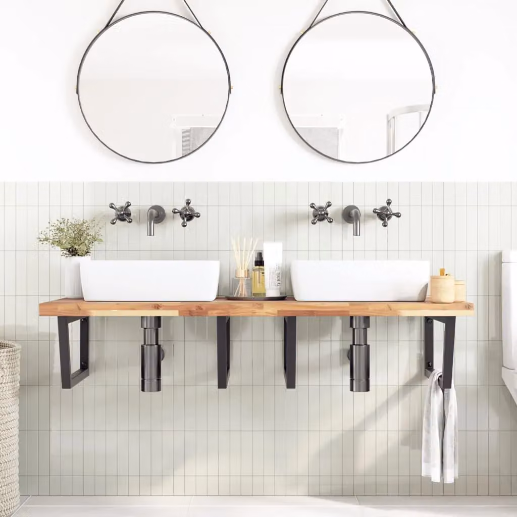 Berkfield Home Wall Mounted Basin Shelf in Brown Acacia Wood and Steel – 2