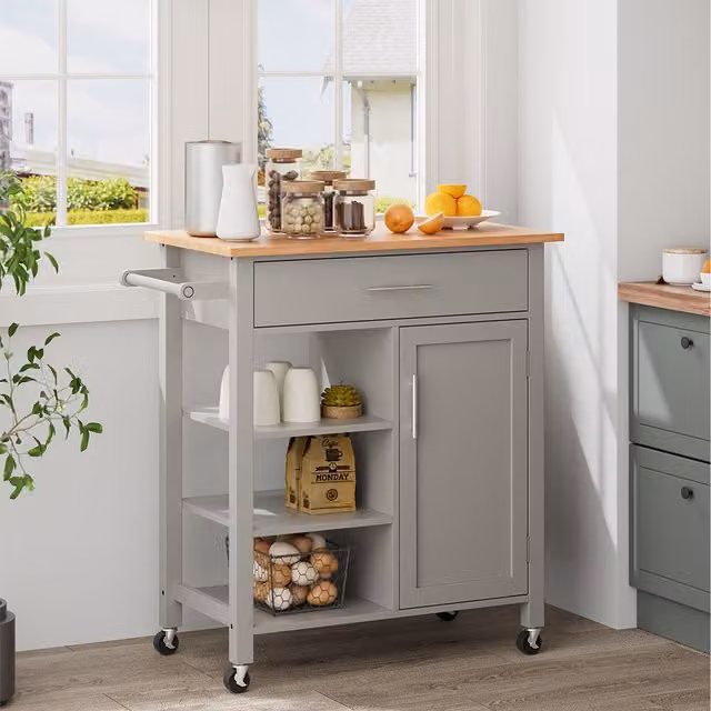 Komore Modern Grey Catering Trolley Cart with Drawer and Cabinet made from Rubberwood and MDF