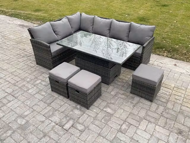 Fimous Dark Grey Wicker PE Rattan Garden Furniture Set with Height Adjustable Rising Lifting Table and 3 Small Footstools