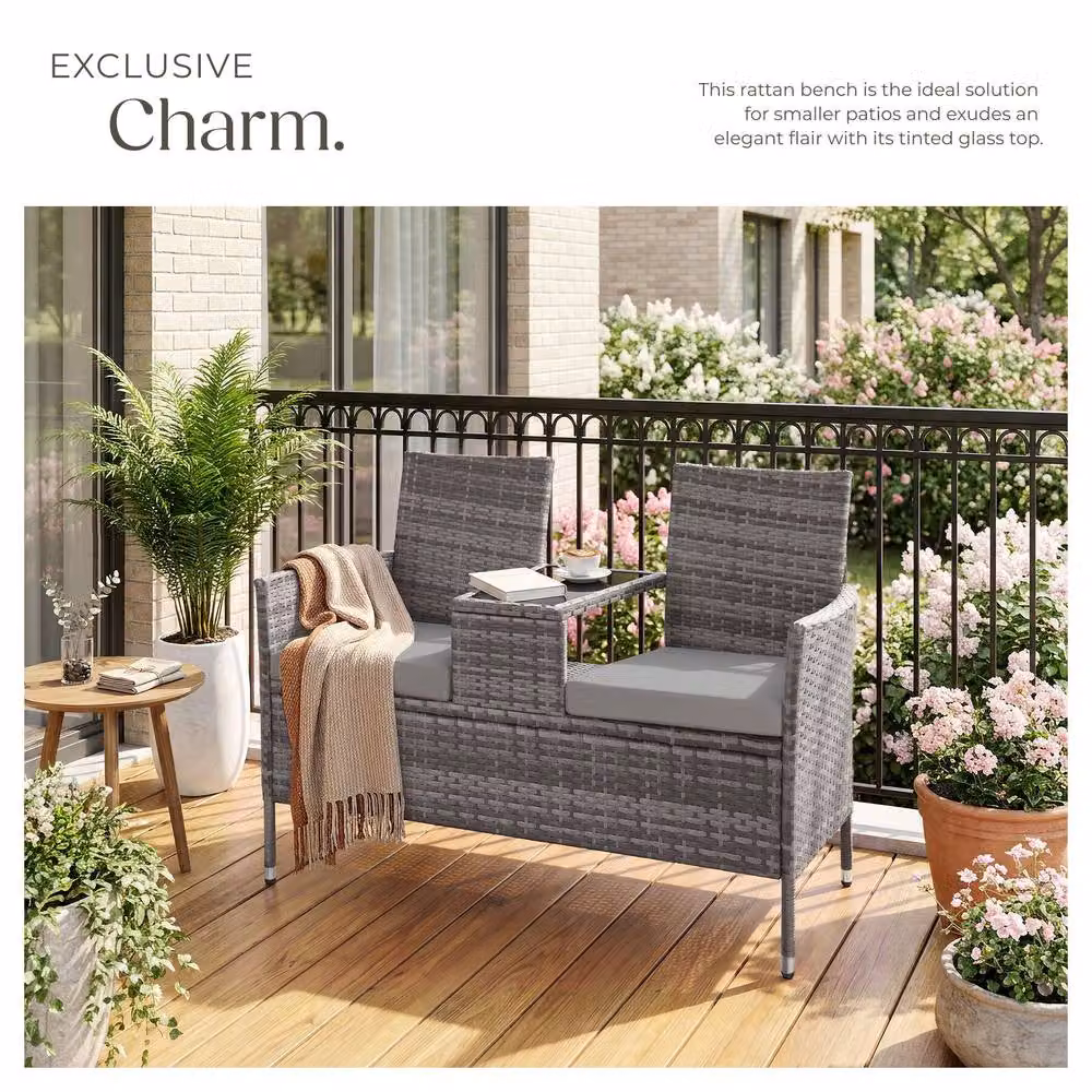 tectake Poly Rattan Outdoor Bench with Integrated Table and Cushions, Grey, W/D/H: 133 x 63 x 84 cm – 8