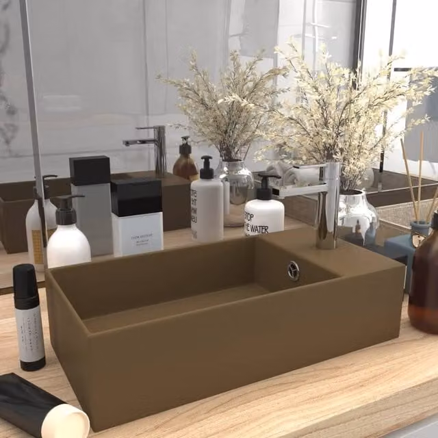 Berkfield Home Rectangular Ceramic Countertop Bathroom Sink with Overflow in Beige – 1