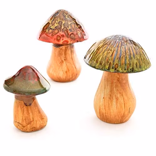 Burwells Set of 3 Decorative Ceramic Toadstool Ornaments in Multicolour Orange and Brown, H: 16 cm, 14 cm and 12 cm – 1