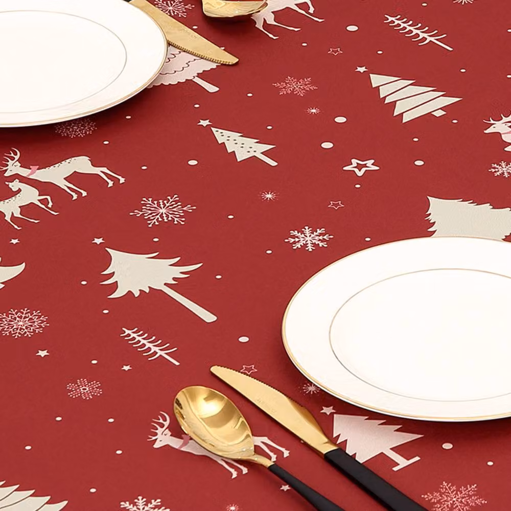 London Boutique Round Waterproof Christmas Tablecloth in Red with Deer Graphic, Diameter: 152.4 cm – 4