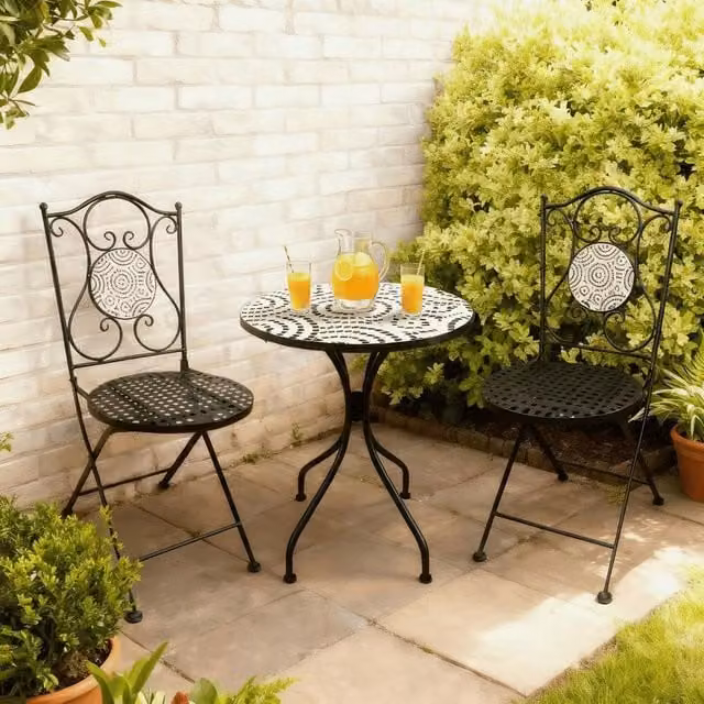 Home Source Bistro Set Outdoor Patio Garden Furniture with Round Table and 2 Chairs in Black