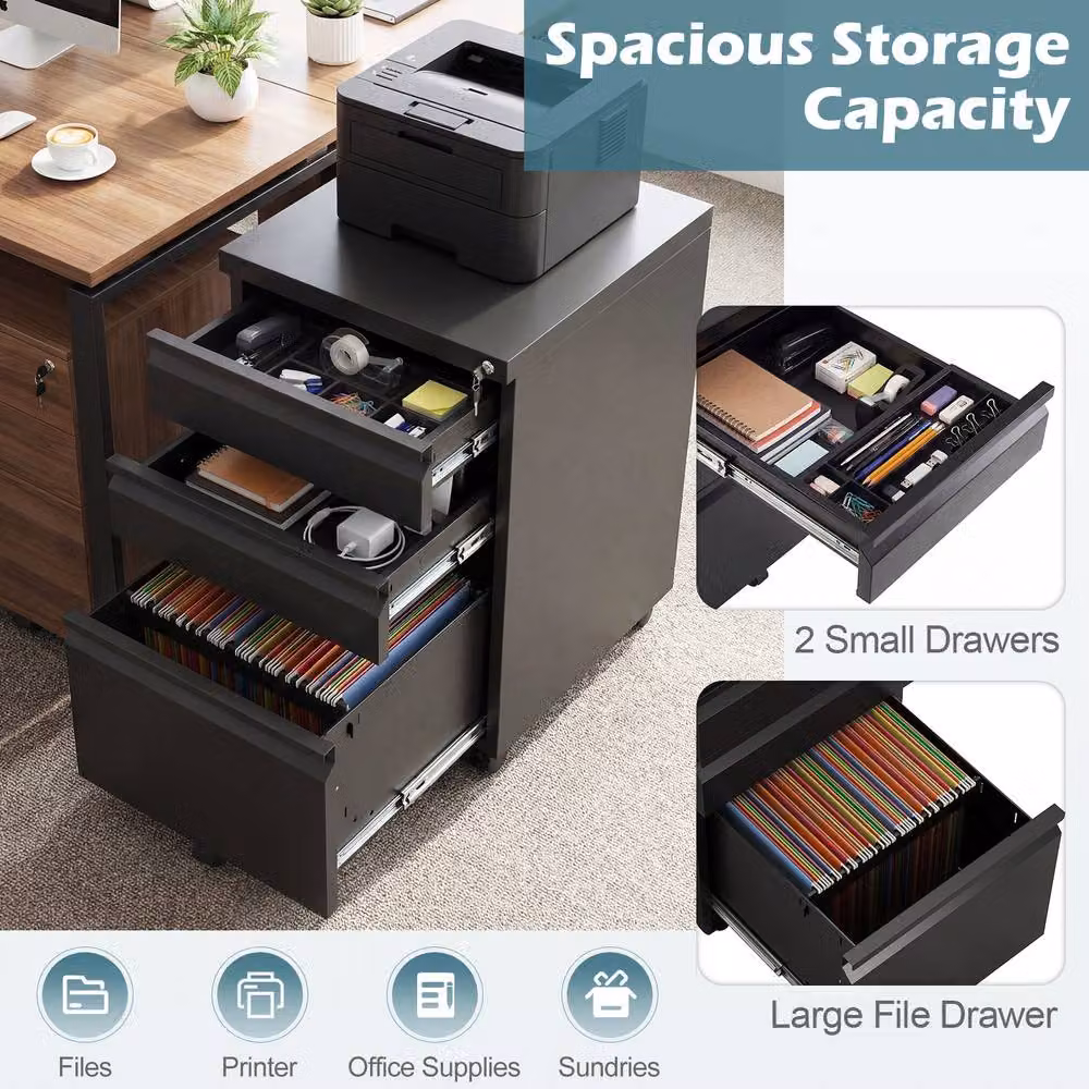 Costway 3-Drawer Mobile Metal Filing Cabinet with Lock and Castors in Black – 7