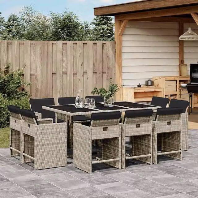 Berkfield Home 11 Piece Poly Rattan Garden Dining Set with Cushions and Glass Top in Grey – 1