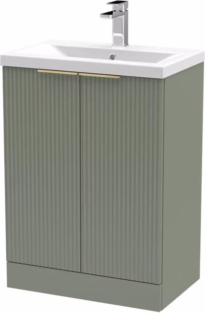 Balterley Satin Green Fluted Freestanding Floor Standing Bathroom Vanity with Brushed Brass Details, W: 60 cm, H: 85 cm