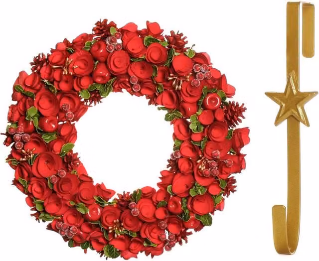 Dibor Extra Large Red Rose Christmas Wreath with Star Wreath Hanger, Diameter: 42 cm
