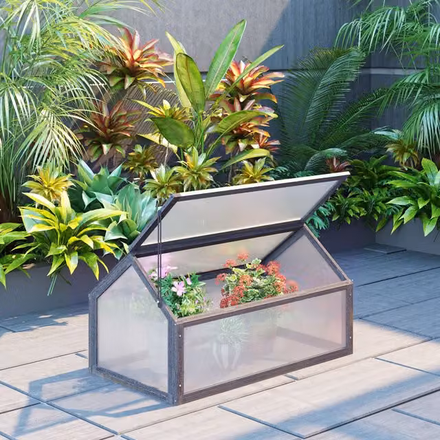 OUTSUNNY Grey Wooden Cold Frame Greenhouse with Transparent Polycarbonate Grow House – 1