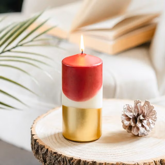 Marco Paul Christmas Dipped Dyed Pillar Candle in Red, White and Gold, Height: 13 cm