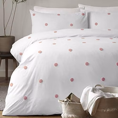 Appletree Dot Garden 100% Cotton Dotted Duvet Cover and Pillowcase Set, White and Pink, W/D/H: 180 x 140 x 200 cm