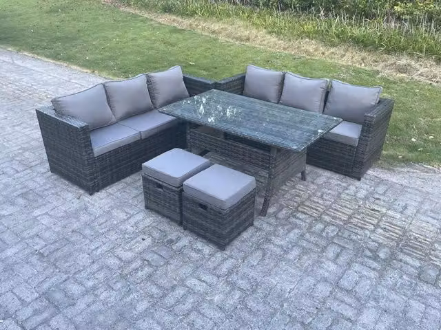 Fimous 8 Seater PE Wicker Outdoor Garden Furniture Set in Dark Grey with Rectangular Dining Table, Sofa and 2 Stools