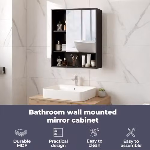 Levede Black Wall Mounted Bathroom Mirror Cabinet with HD Tempered Glass and Internal Shelves, W: 55.5 cm, H: 61.2 cm, D: 16.0 cm – 6