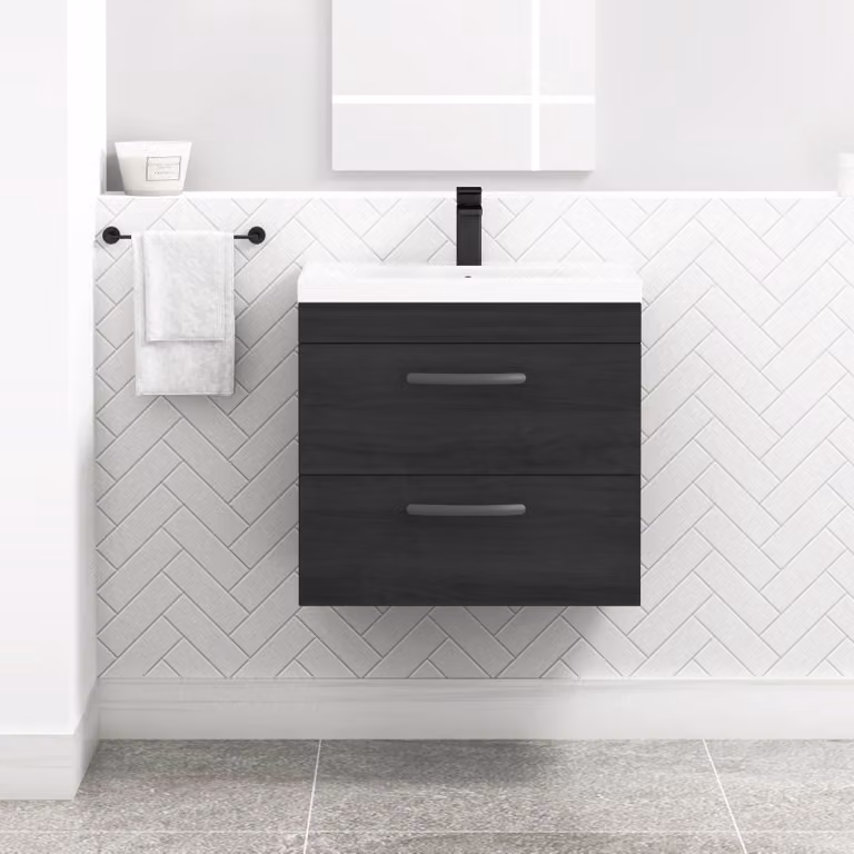 Royal Bathrooms Turin 600mm Wall Hung Vanity Unit in Hale Black with 2 Drawers and Matt Black Handles