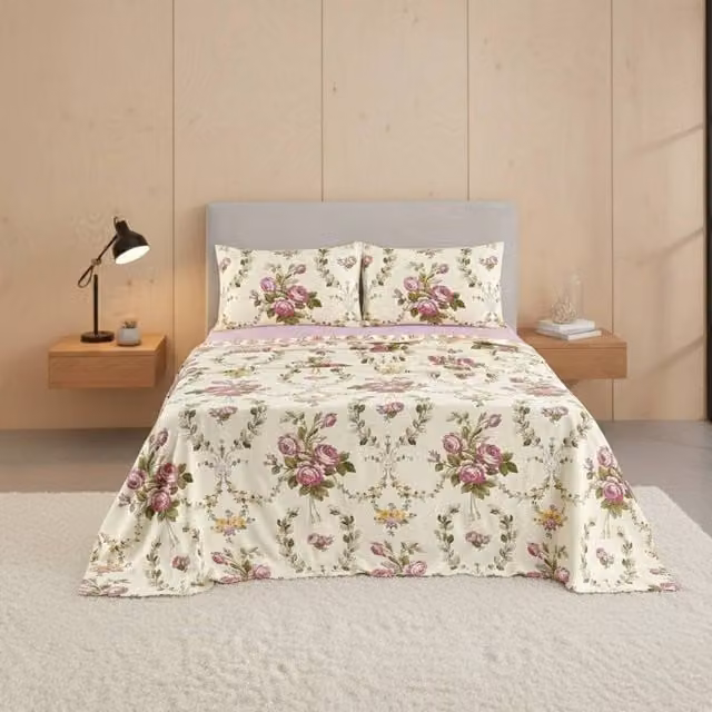 Snug City Pink Floral Brushed Cotton Flannelette Fitted Sheet and Matching Pillowcases, Double – 1