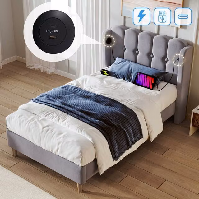 BTM Upholstered Wooden Slatted Bed Frame with USB Charging Port in Grey, W/D/H: 140 x 200 cm – 1